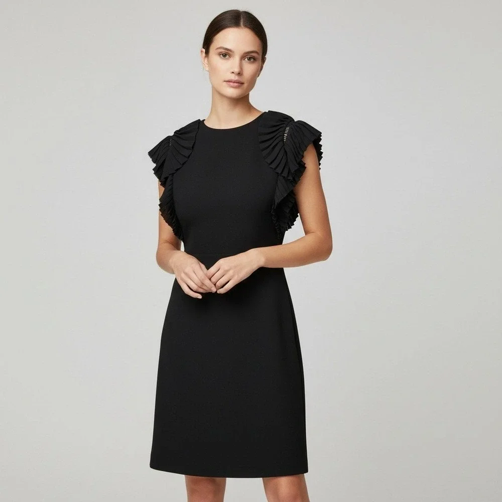 Maje Black Pleated Ruffle Cap Sleeve Mini Dress Size 1 US Small LBD Cocktail